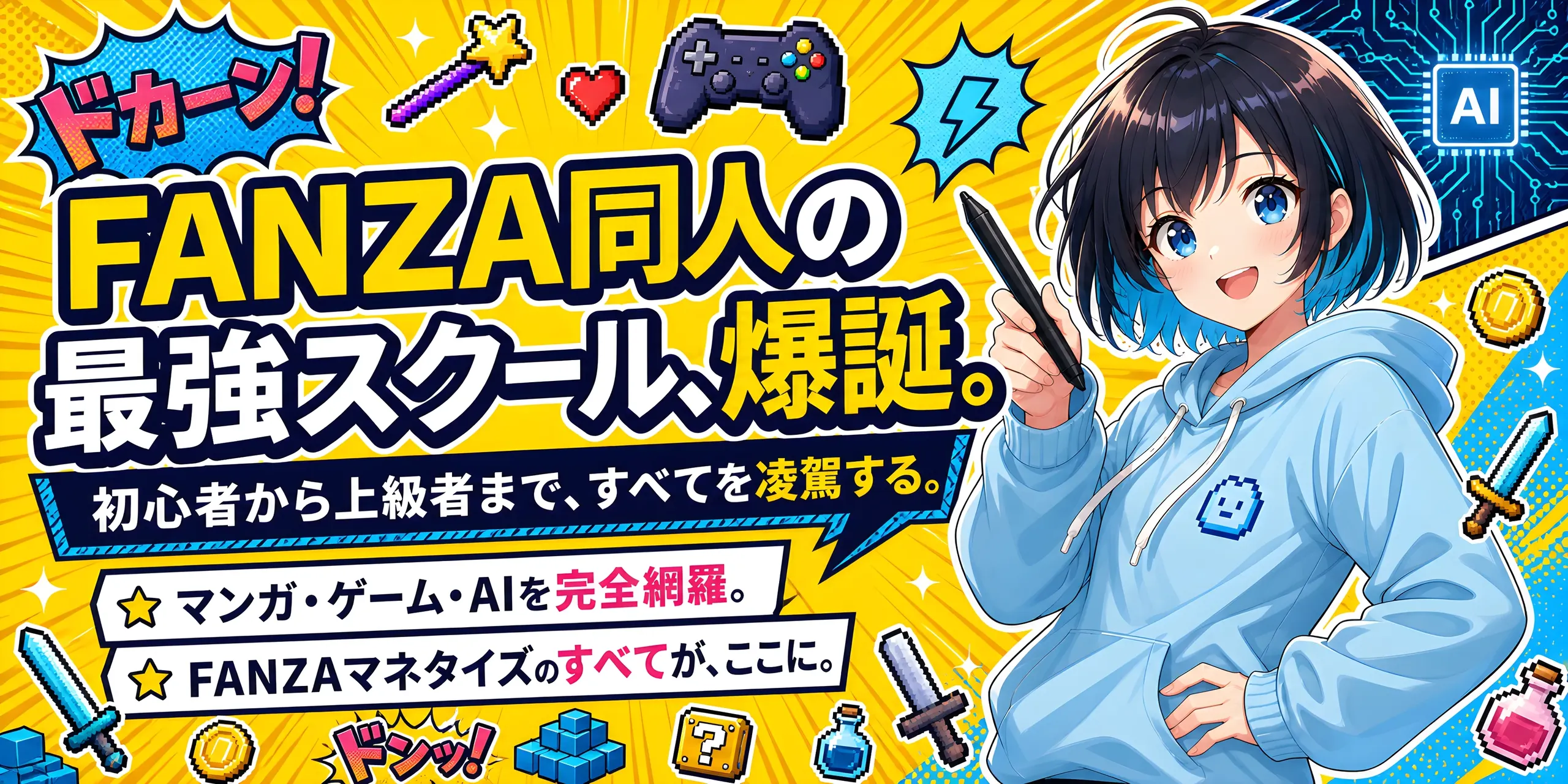 AI同人スクール - FANZA同人の最強スクール、爆誕。マンガ・ゲーム・AIを完全網羅。初心者から上級者まで、すべてを凌駕する。